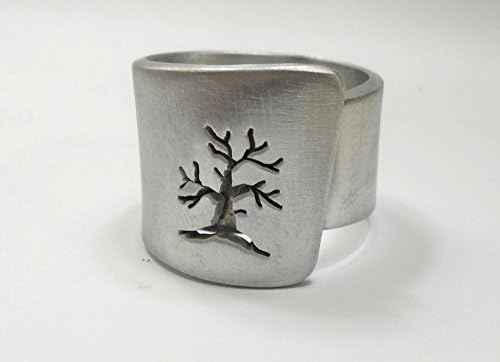 Open aluminum band ring with: Tree (perpendicular), and custom text.