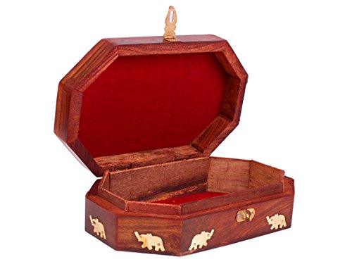 Store Indya, Konigliche handgeschnitzte Holz Schmuckschatulle mit dekorativen Mughal Inspired Elephant & Blatt Messingeinlage - 2