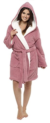 Preisvergleich Produktbild Foxbury Damen Bademantel mit Sherpa-Futter Waffel Design Knielang (Dunkelrosa) S
