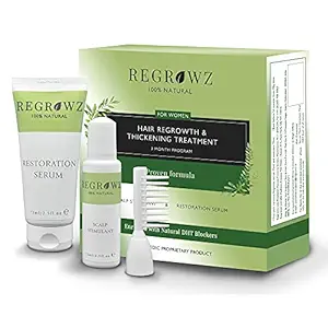Regrowz Natural Hair product for Women, 3 Months Supply, Enriched with Natural DHT Blockers, Scalp Stimulant 75ml and Serum 75ml, Fragrance-Free