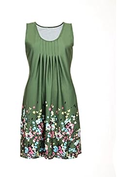 FeelinGirl Damen Gedruckt Knielang Ärmellos Rundkragen Strandkleid Lose Sommerkleid