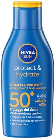 NIVEA SUN Protect & Hydrate SPF 50+ Formato Viaggio 100 ml, Crema solare 50+ idratante 48h ad assorbimento rapido, Protezione solare 50+ resistente all'acqua con Vitamina C e Acido Ialuronico