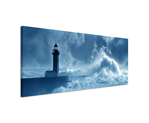 Sinus Art 150x50cm Wandbild – Farbe Blau Petrol Panoramabild Wandbild auf Echter Leinwand in Sehr Hoher Qualität - Leuchtturm im Sturm Portugal