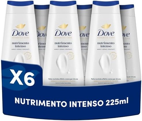 Dove Bagnoschiuma Nutrimento Intenso, Bagnodoccia Idratante, Formula Delicata sul Microbioma della Pelle, con Agenti Idratanti Vegetali, Senza Solfati SLES, Bagnodoccia Uomo e Donna, 6 Pezzi da 225 ml