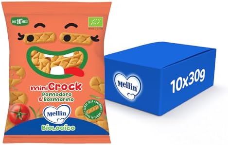 Mellin - MiniCrock Pomodoro e Rosmarino - Snack Biologico, per Bambini dal 10° Mese Compiuto - 10 Confezioni da 30 grammi (Totale 300gr)