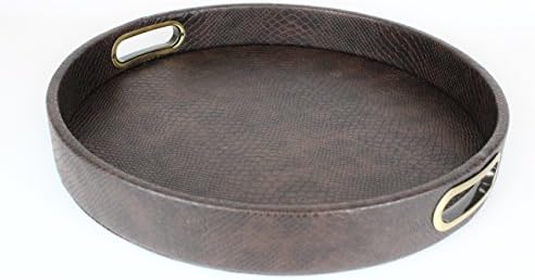 SIGNATURE HOME COLLECTION AP-101-A04-M Round Tray Leather Reptile Print with Brass Handles Can be Wiped Height 6 cm 42 x 42 cm Dark Brown