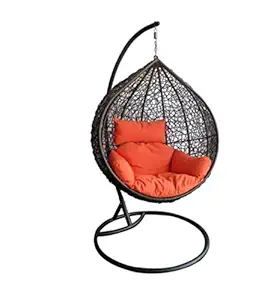 City Outdoor Furniture Rattan and Wicker Outdoor Furniture Singles Seater Hanging Swing Chair with Stand for 1 Adults_(Black, Orange)