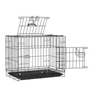 PSK PET MART Dog Cage Double-Door Folding Metal Cage with Paw Protector (36 Inch) Black