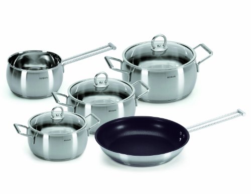 Brabantia Vision Stainless Steel 5-Piece Casserole Dish Set (14 cm Milkpan, 16, 18, 20 cm Casseroles with Glass Lids, 24 cm Non-Stick Frying Pan)