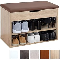 RICOO Meuble de Rangement pour Chaussure WM032-ES-B Banc Armoire avec siège Coussin Pouf pour l'entrée Commode à Bottes Banquette de Range-Chaussures Chambre Cuisine en Bois Chêne de Sonoma et Brun