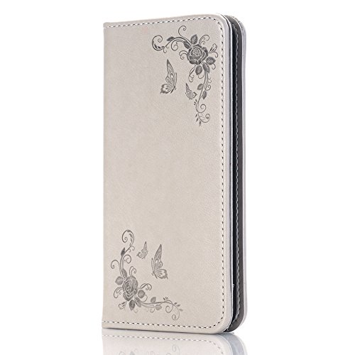 SKYXD Leder Hülle für Samsung Galaxy A5 2015 Rosen Blumen und Schmetterlings Muster,PU Folio Klappbar SchutzHülle [Brieftasche Kartenfach / Magnet / Standfunktion / Trageschlaufe] KlappHülle für mit [Koala Handyanhänger + Eingabestift] 3 in 1 Zubehör Set Handy Tasche Etui for für Samsung Galaxy A5 2015 Bookstyle Flip Case Leather Cover With [Stylus and Dust Plug]- Grau - 3