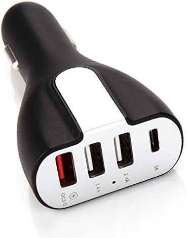 Desire2 Energize In-Car by 4 Port USB Charger with 1x Qualcomm 3.0 Super Fast Charging Port, 1x Type-C Port, and 2x 2.4A USB Ports for Smartphones and Tablets.