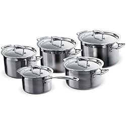 Le Creuset Set de 10 Pièces en Inox 3-ply Intégral avec Couvercles Assortis, 3 Grands faitouts, 1 Faitout Bas, 1 Casserole, Volume 2,3/4,0/6,0/3,0/3,0/1,9 L, Argenté