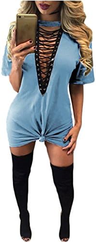 XTfeng Women's Sexy Front Lace up Mini T Shirt Party Club Dreess