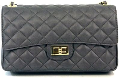 New Italian Leather Classic Quilted Padded Designer Inspired Handbag with Gold Trims (Dark Grey)