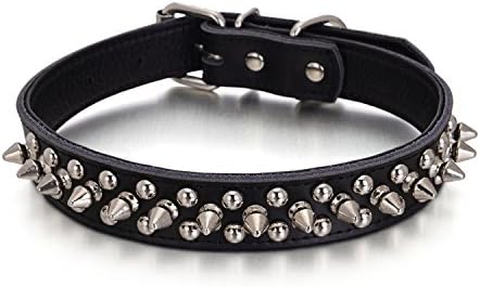 Devoted Pet Dog Cat Choke Collar PU Bullet Nail Litchi Lines Decorative Pattern Rivets Adjustable Image Dog Chain Ring Spiked Studded Leather Dog Basic Collar for Small Mediumn Large Pet Soft Comfortable Durable Black,Size L
