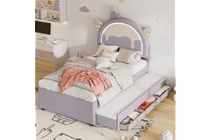 KUAKE Lettino per Bambini 90 x 200 cm, con LED, Divano Letto con Rete a Doghe, Testiera dei Cartoni Animati, Viola