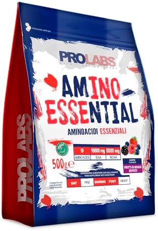 PROLABS– EAA Aminoacidi Essenziali AMINO ESSENTIAL Fermentati in Polvere 100% Vegan con BCAA Ramificati 2:1:1 e Vitamina B6, Amminoacidi Essenziali Post Intra Workout, Integratore 500g Frutti di Bosco