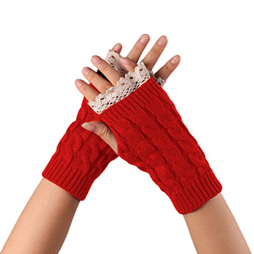 Internet Fingerless Lace Knitted Fringe Warm Gloves (Red)