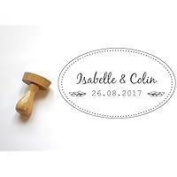 Tampon personnalisé mariage chic champêtre. Forme ovale. Tampon en bois. Personnalisation avec votre texte, prénoms des mariés et date. Pour enveloppes, cartes, faire-parts, save the date de mariage.