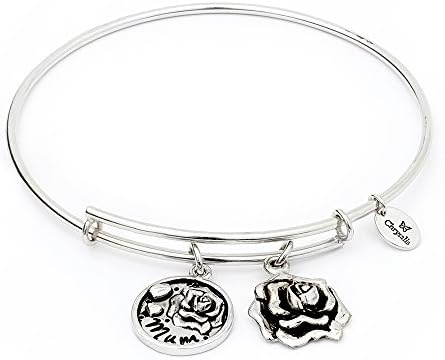 Pretty Adjustable Expanding Best Mum Engraved Rose Flower Charm Bangle Bracelet, Silver Plated