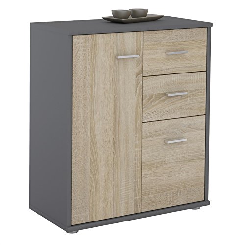IDIMEX Buffet Remy, Commode Meuble de Rangement avec 2 tiroirs et 2 Portes, en mélaminé Gris Mat et décor chêne Sonoma