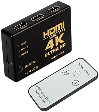 HDMI Switch Hub 4K UHD, 3 Ports Switcher Selector 3 in 1 out HDMI Switcher with IR Remote, Support HDCP 3D, CEC, ARC, Full HD 1080p, Ultra HD 2160p, Resolution: up to 4k at 30Hz for PC, Laptop, XBOX, HDTV, Monitor, HD Projector and More