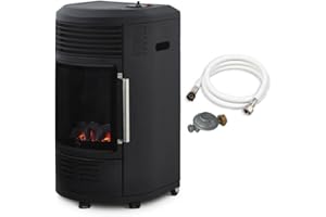 FAVEX - Chauffage d'appoint à gaz Volga - Prêt à l'emploi livré avec tuyau et détendeur - Infrableu effet feu de cheminée - 6 puissances de chauffe Thermostat - Jusqu'à 40 m² - Noir