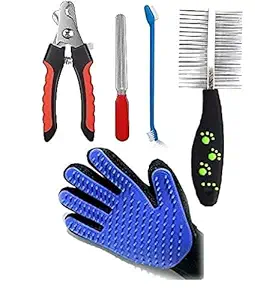 RvPaws Grooming Combo for Dog, Puppy, Cat and Kitten, Nail Cutter, Nail Grinder, Comb Double Side Plastic Handle, Grooming Gloves - Combo of 5