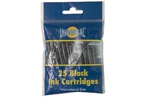 TIGER STATIONERY 25 x Universal Jet Black Ink Cartridge Fountain Pen Standard Refills