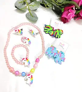 KIDOS JOY Funky Unicorn Jewelry Set Combo for Girls / Necklace, Bracelet, Ring, Earrings with Unicorn Hair Clips/ Birthday Party Favor Gifting Option ( 6-1 Unicorn Combo) (Baby Pink)