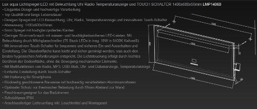 Badezimmerspiegel Wandspiegel Lichtspiegel LED Beleuchtung Uhr Radio MP3 und TOUCH SCHALTER 140 x 60 cm – LMP14060 - 3