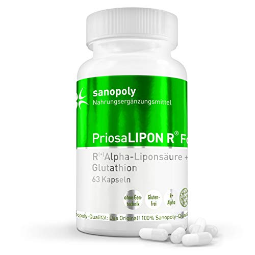 SANOPOLY PriosaLIPON R Forte rechtsdrehende Alpha-Liponsäure gegen oxidativen Zellstress + L-Glutathion für Detox I Steigerung der antioxidative Kapazität I Vegetarische Nahrungsergänzung I 63 Kapseln