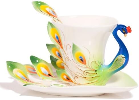 Claybox Hand Crafted Porcelain Enamel Graceful Peacock Tea Coffee Cup Set with Saucer and Spoon, Green