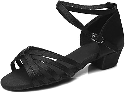 LEIT YFF Girls Children/Child/Kids Ballroom Tango Salsa Latin Dance Shoes Low Heel Shoes,Black,5.5