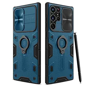 CloudValley for Galaxy S22 Ultra Case with Camera Cover & Finger Ring Kickstand, Slide Lens Protection, Impact-Resistant, Shockproof Protective Bumper Case for Samsung S22 Ultra 5G, Blue