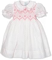 Anichini Girl Plumetis Smocked Dress, 100% Plumetis Cotton, White With Pink Dots, 12 Years