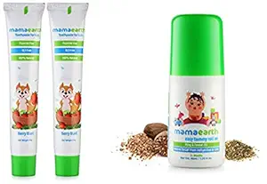 Mamaearth 100 Percent Natural Berry Blast Kids Toothpaste, 50gand Easy Tummy Roll On for Digestion & Colic Relief with Hing & Fennel 40Ml