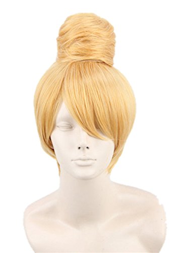 Topcosplay Women's Short Golden Yellow Straight Stand Top Bun Cosplay Wig Christmas Party Hair