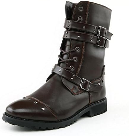 ZCH Men Motorcycle Boots Black Retro Combat Boots Belt Buckle Leather Military Boots Martin for Boots , 40 , brown