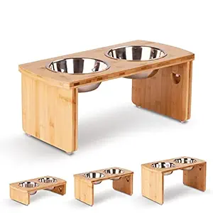 Elevated Dog Bowls, Bamboo Raised Dog Bowl for Medium Dogs with 2 Stainless Steel Bowls (7'' Tall-30 oz Bowl)