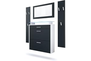 Vladon Garderobe Malea, Garderobenset bestehend aus 1 Hängeschuhschrank, 1 Wandspiegel und 2 Garderobenpaneele, Weiß matt/Schwarz matt