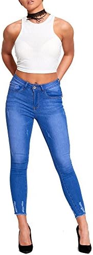 Envious Fashion Outlet EnviousFashion New Ladies Ankle Grazer Skinny Denim Frayed Hem Stretch Womens Comfy Jeans Trouser (12, Royal Blue)