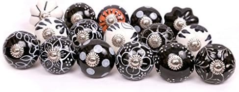 Indian Knobs 10 Black &amp; White Hand Painted Ceramic Door Knobs Kitchen Cabinet Drawer Pulls