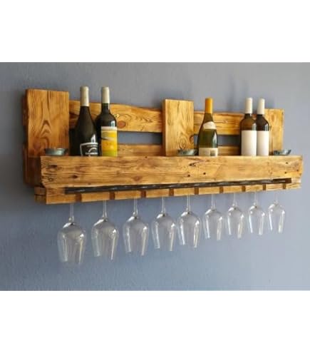 Scaffale Da Vino In Legno Fiammato - Con Portabicchieri | 60x35x15cm | Montaggio Incluso | Stile Rustico - Foto 3