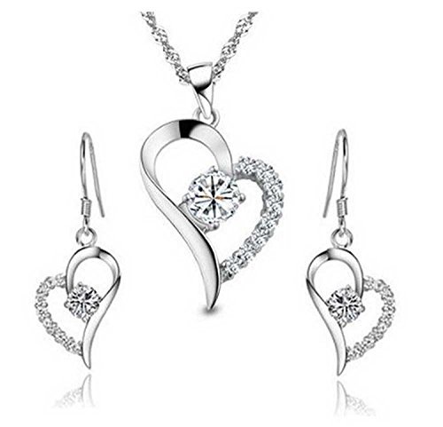 Damen Sterling Silber weißen Kristall Herzform Set Ohrringe und Anhänger Halskette .für Frauen Mädchen