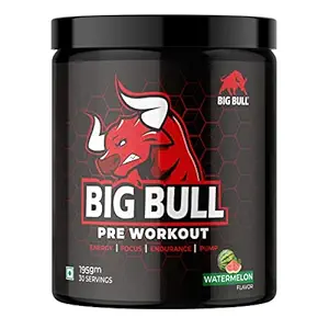 BIGBULL Pre-Workout Supplement Drink | Lean Muscles Strength Building | Powerful Pumps For Men & Women | Higher Energy & Enhanced Performance | (30 Servings, Watermelon Flavor, 195g)