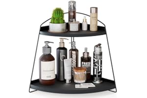 Puricon Corner Bathroom Counter Organizer, 2 Tier Corner Countertop Organizer Vanity Shelf, Wood Bathroom Organizers and Storage for Skincare -Black