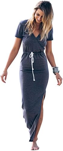 Women Sexy V Neck Casual Beach Club Maxi Dress with Waist String Wrap Long Dress (M, grey)
