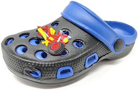 Childrens/Kids/Boys/Girls/Infant Holiday/Summer/Garden/Pool Clogs/Mules/Sandals/Shoes/Butterfly or Motorbike Charm/Good Size (1 UK, Black/Blue/Motorbike)